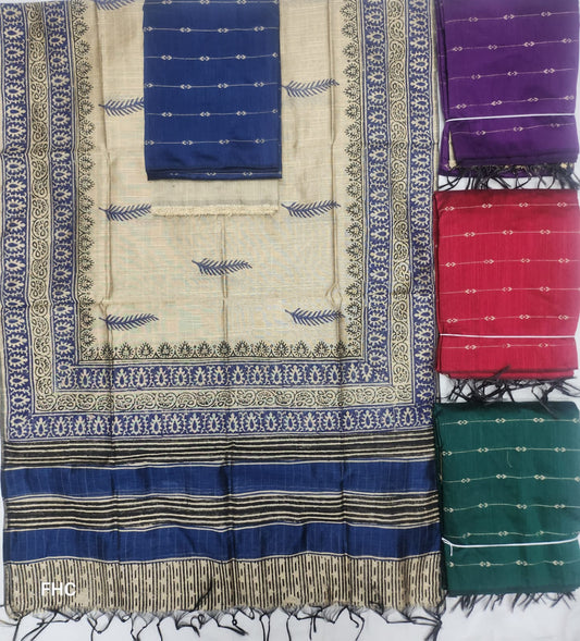 Raw Silk Slub Block Printed Suit Fabric