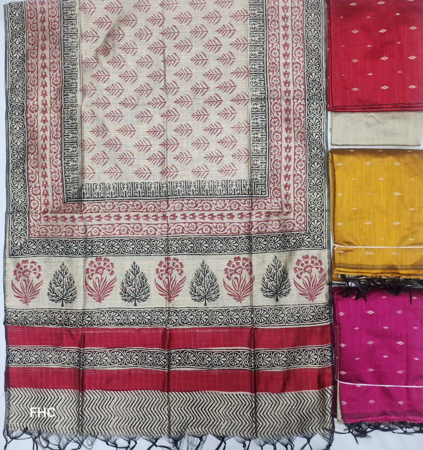 Raw Silk Slub Block Printed Suit Fabric