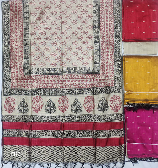 Raw Silk Slub Block Printed Suit Fabric